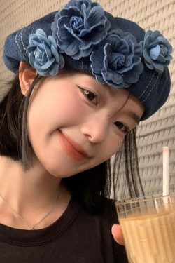 Japanese Style Blue Flower Patchwork Denim Beret Hat