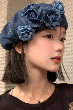 Japanese Style Blue Flower Patchwork Denim Beret Hat
