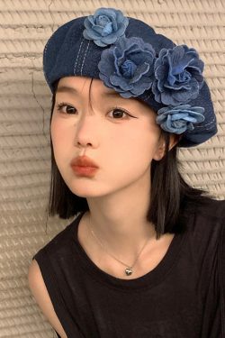 Japanese Style Blue Flower Patchwork Denim Beret Hat