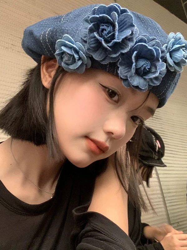 Japanese Style Blue Flower Patchwork Denim Beret Hat