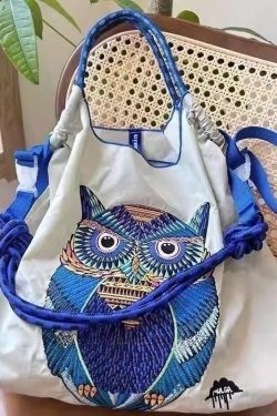 Japanese Style Embroidered Owl Large Capacity Shopping Bag 2025