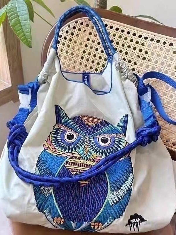 Japanese Style Embroidered Owl Large Capacity Shopping Bag 2025