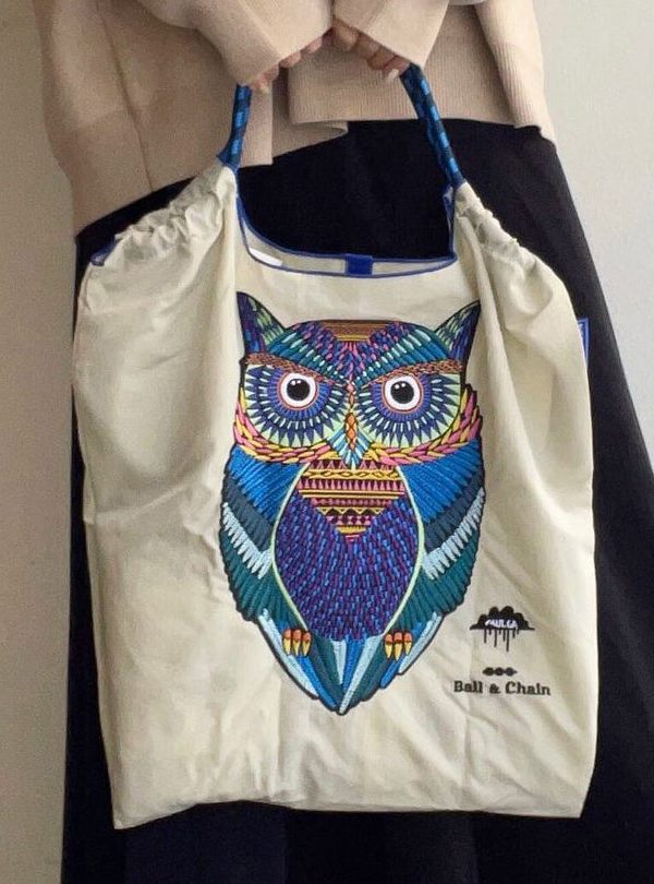 Japanese Style Embroidered Owl Large Capacity Shopping Bag 2025