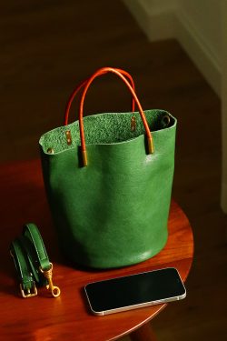 Japanese Style Green Calf Leather Bucket Bag