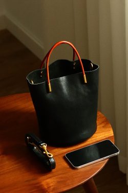 Japanese Style Green Calf Leather Bucket Bag