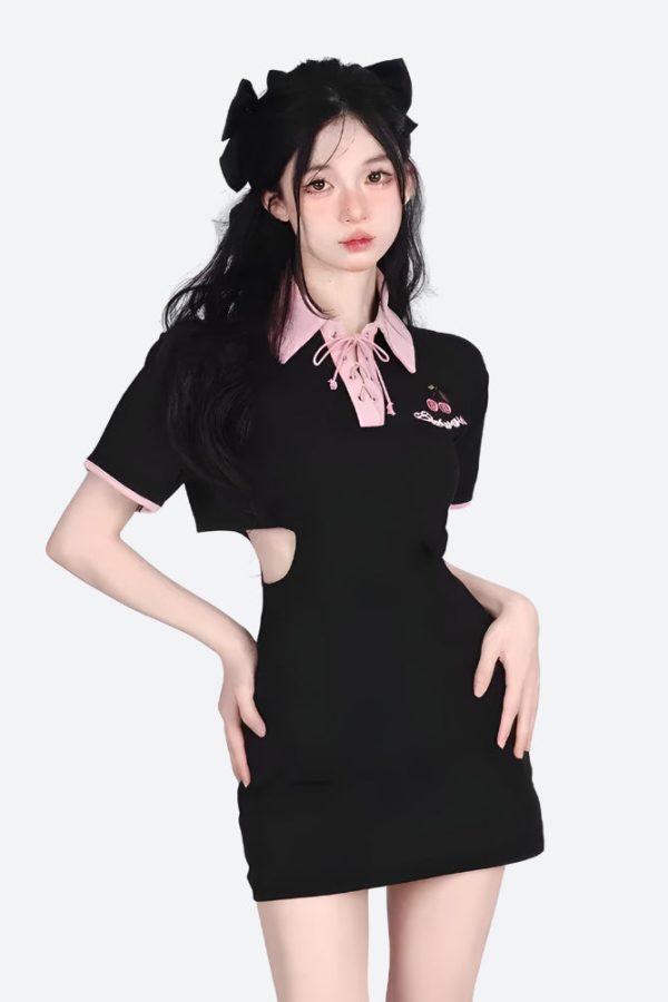 Kawaii Cherry Cut Out Mini Polo Dress