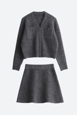 Knitted Button-Up Cardigan & Mini Skirt Two Piece Set