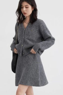 Knitted Button-Up Cardigan & Mini Skirt Two Piece Set