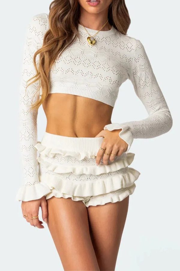 Knitted Crop Top & Ruffled Shorts Two Piece Set