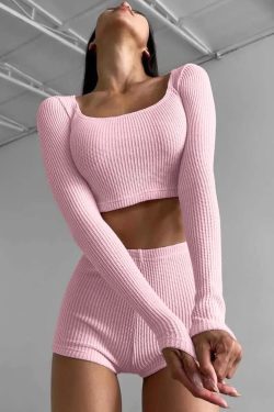 Knitted Crop Top & Shorts Two Piece Set