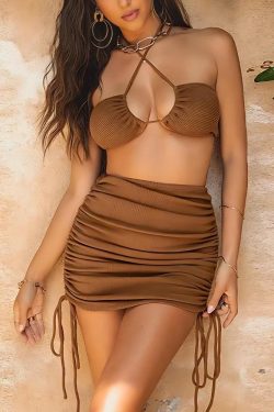 Knitted Drawstring Crop Top & Mini Skirt Two Piece Set