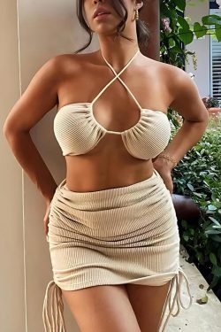 Knitted Drawstring Crop Top & Mini Skirt Two Piece Set