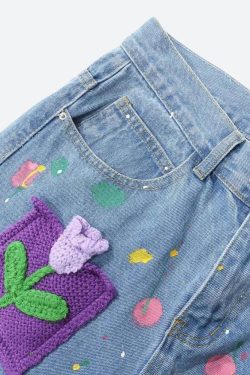 Knitted Flower Patch Denim Shorts
