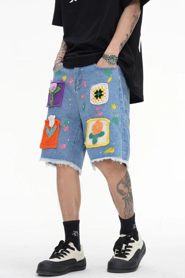 Knitted Flower Patch Denim Shorts