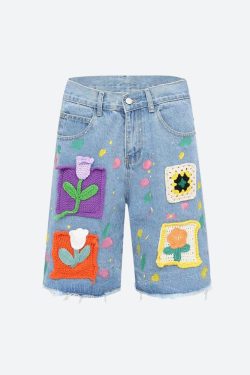Knitted Flower Patch Denim Shorts