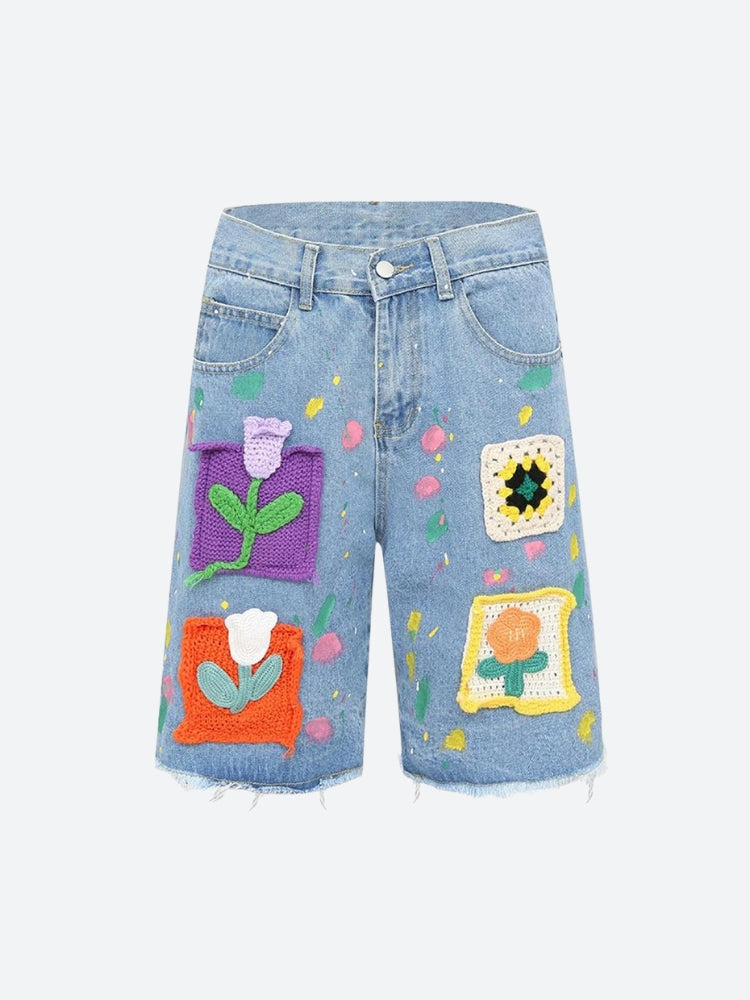 Knitted Flower Patch Denim Shorts Knitted Flower Patch Denim Shorts