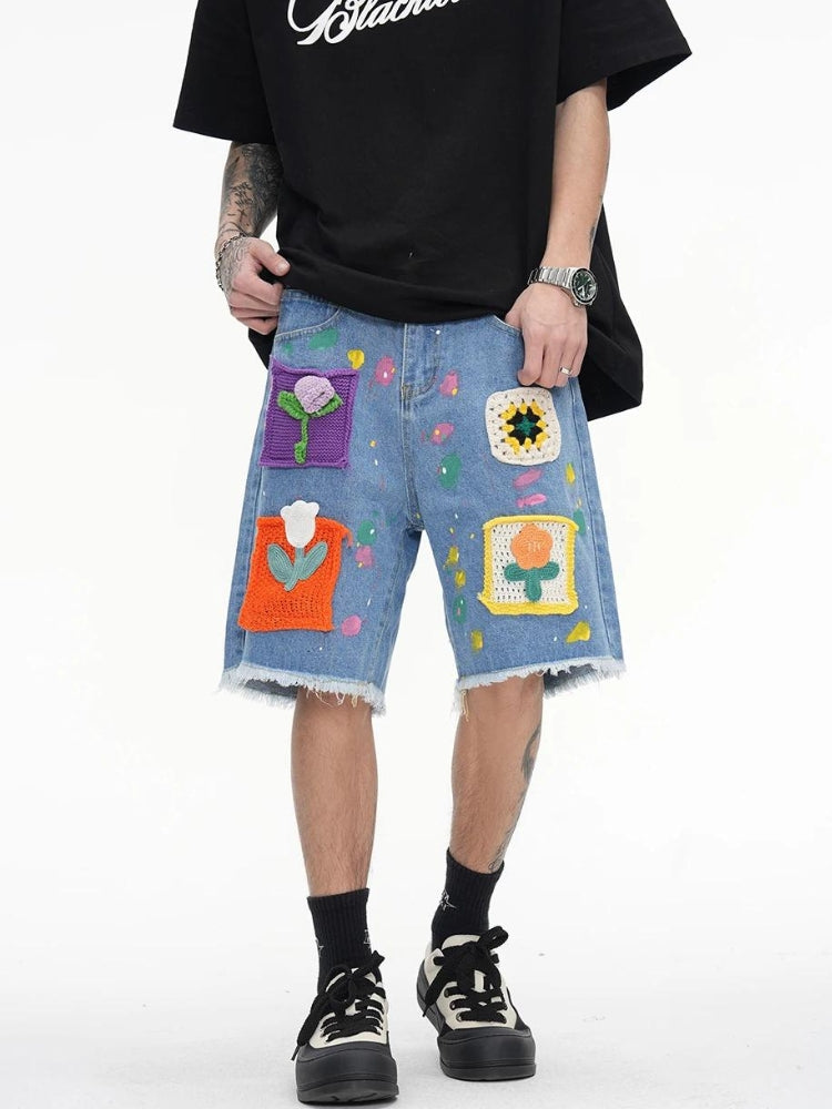 Knitted Flower Patch Denim Shorts Knitted Flower Patch Denim Shorts