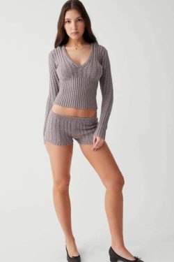 Knitted Hoodie & Shorts Two Piece Set