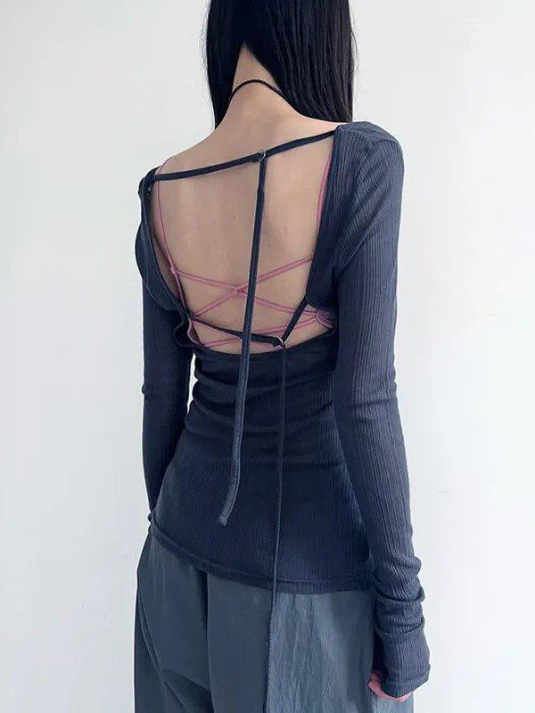 Knitted Mesh Backless Top
