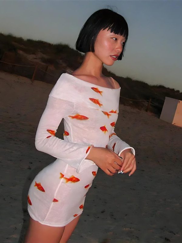 Koi Fish Printed Mesh Mini Dress