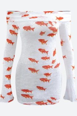 Koi Fish Printed Mesh Mini Dress