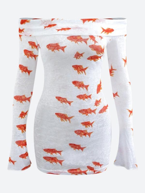 Koi Fish Printed Mesh Mini Dress
