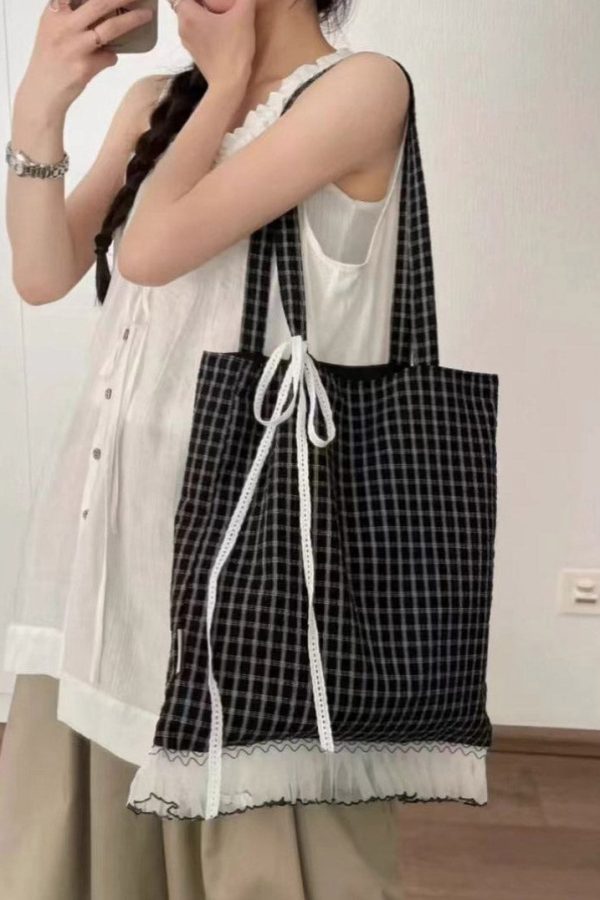 Korean Style Black Lace Patchwork Cotton Shoulder Bag