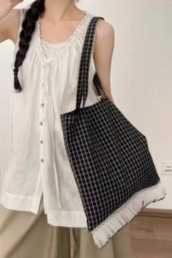 Korean Style Black Lace Patchwork Cotton Shoulder Bag