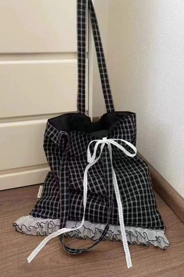 Korean Style Black Lace Patchwork Cotton Shoulder Bag