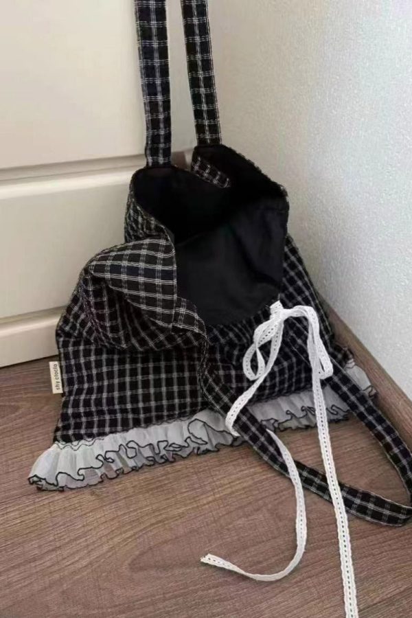 Korean Style Black Lace Patchwork Cotton Shoulder Bag