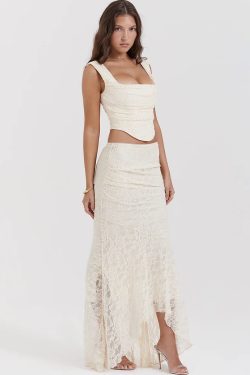 Lace Corset & Asymmetric Midi Skirt Two Piece Set
