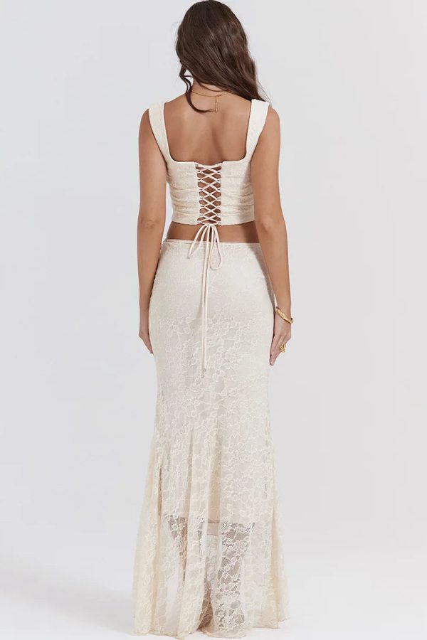 Lace Corset & Asymmetric Midi Skirt Two Piece Set