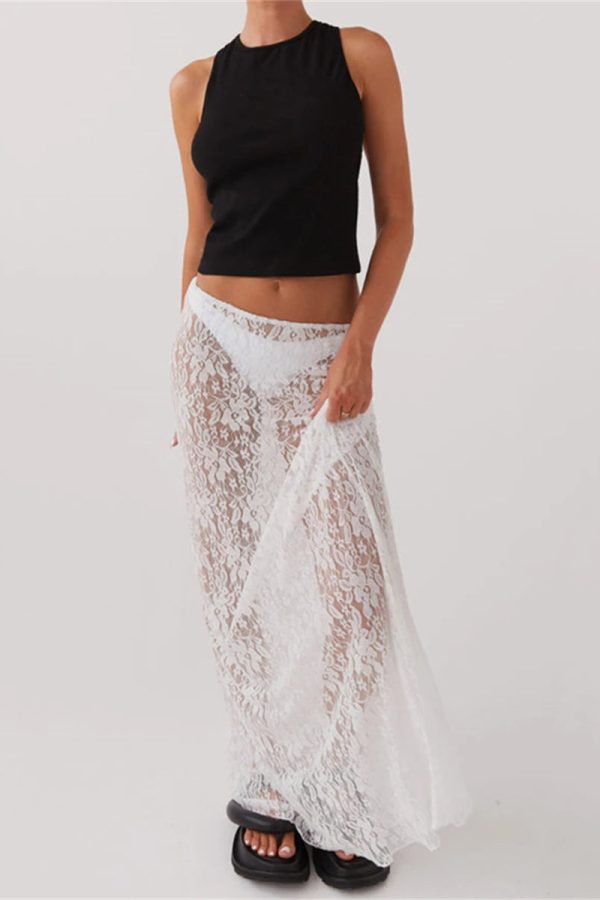 Lace Sheer Low Rise Maxi Skirt