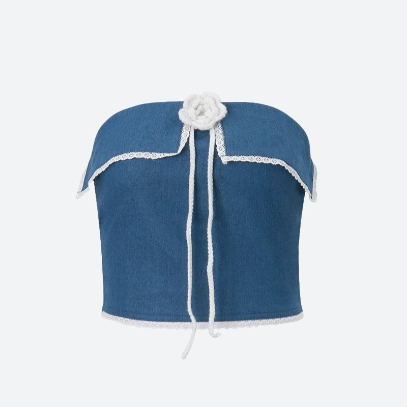 Lace Trim Denim Tube Top Lace Trim Denim Tube Top