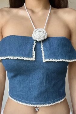 Lace Trim Denim Tube Top
