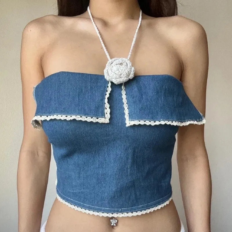 Lace Trim Denim Tube Top Lace Trim Denim Tube Top