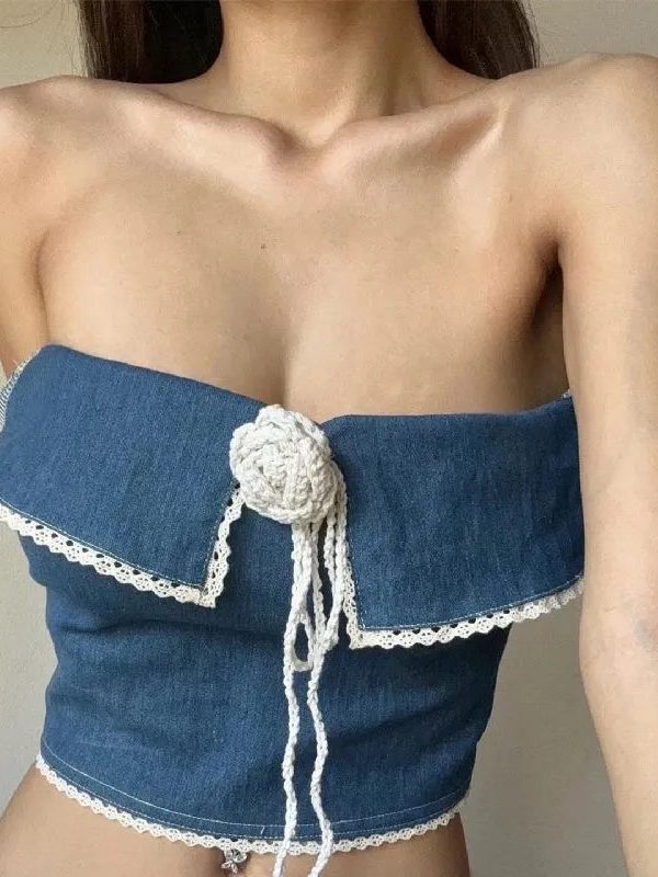 Lace Trim Denim Tube Top