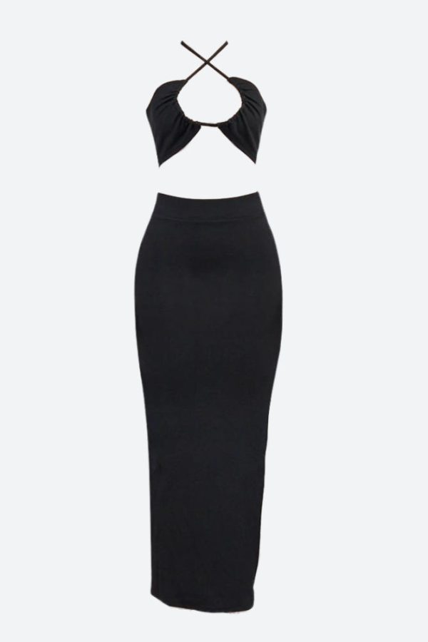 Lace Up Crop Top & Slit Maxi Skirt Two Piece Set