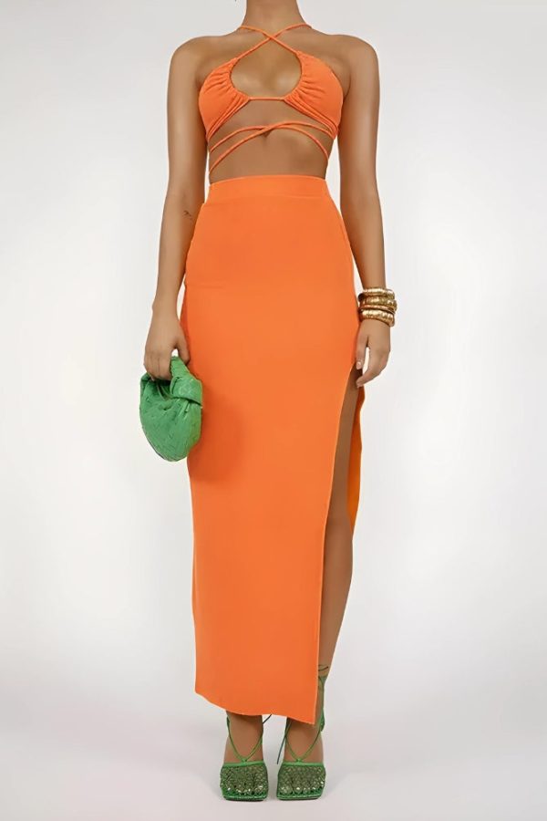 Lace Up Crop Top & Slit Maxi Skirt Two Piece Set