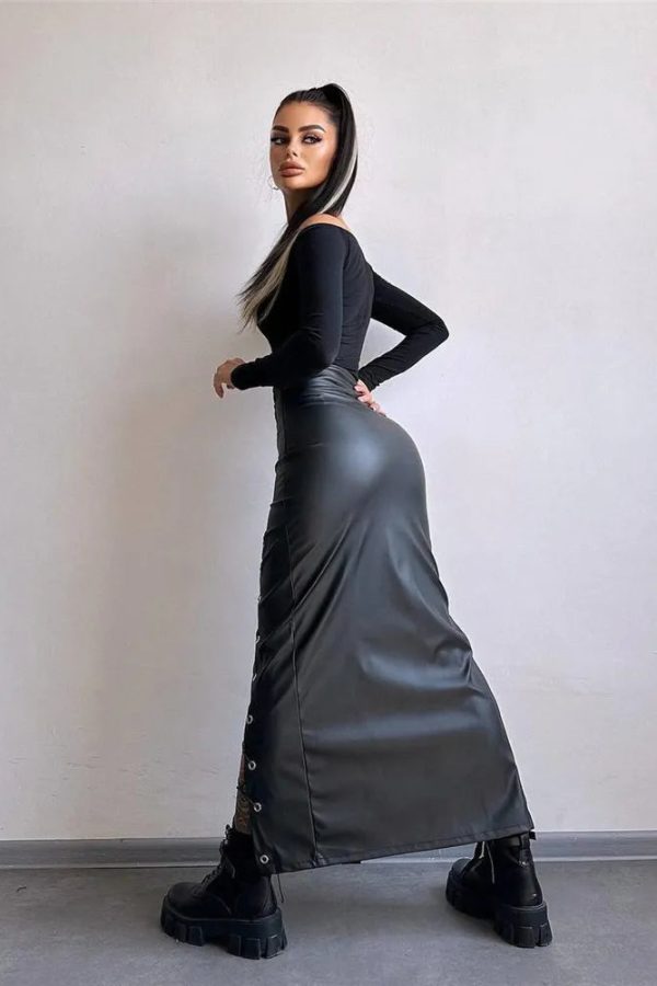 Lace-Up Faux Leather Midi Skirt