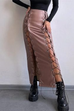 Lace-Up Faux Leather Midi Skirt