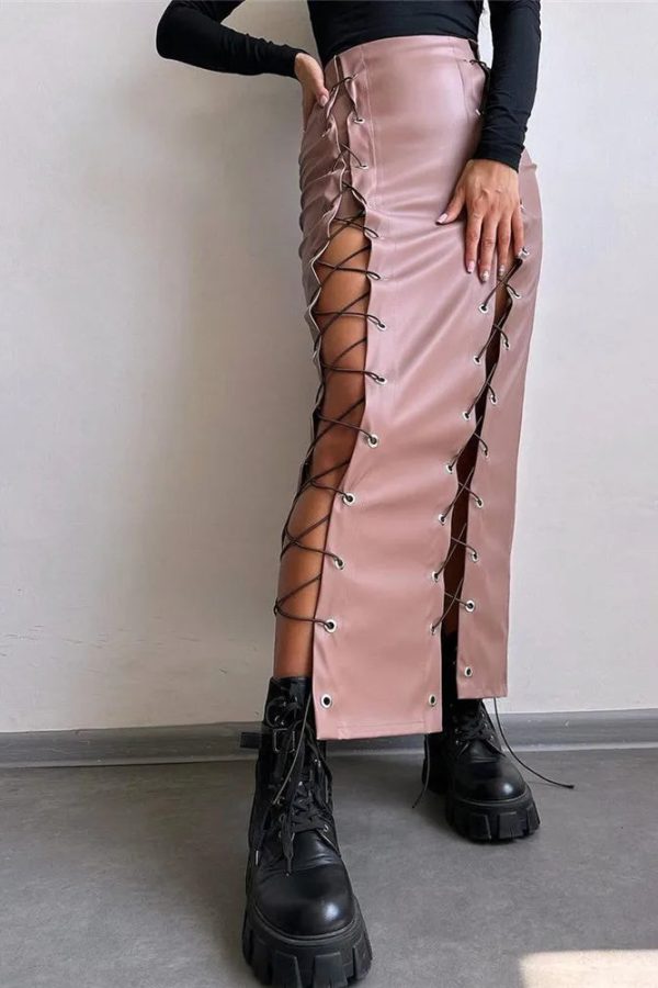 Lace-Up Faux Leather Midi Skirt