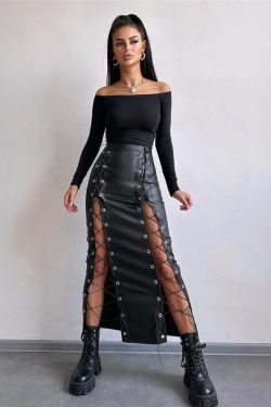 Lace-Up Faux Leather Midi Skirt