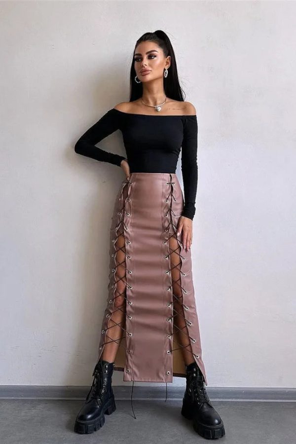 Lace-Up Faux Leather Midi Skirt