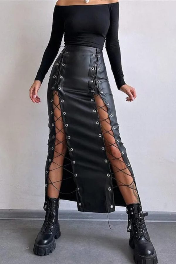 Lace-Up Faux Leather Midi Skirt