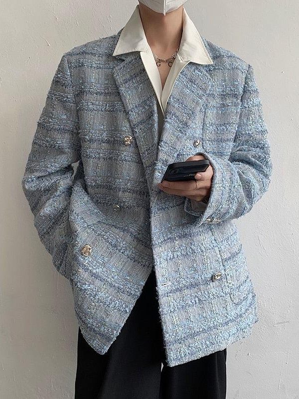Lapel Collar Blue Tweed Blazer