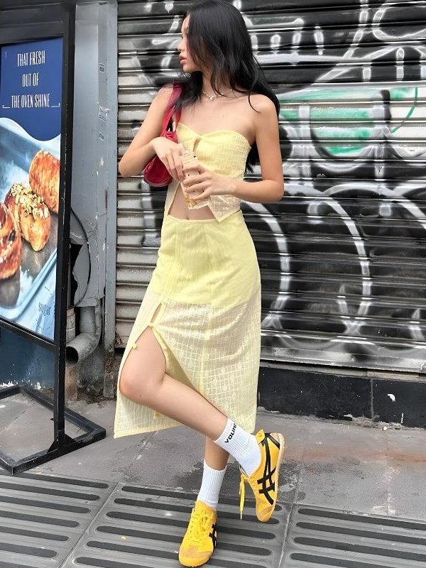 Lemon Strapless Top & Midi Skirt Two Piece Set