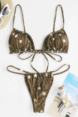 Leopard Daisy Drawstring Bikini Set