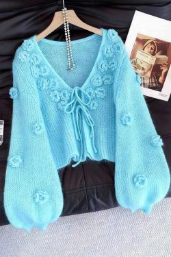 Light Blue Original Design Lace Up Solid Knit Cardigan Floral Fall