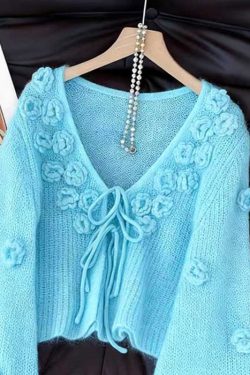 Light Blue Original Design Lace Up Solid Knit Cardigan Floral Fall